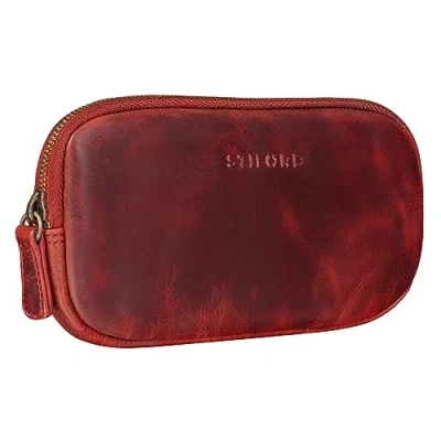 Image of STILORD &#039;Mike&#039; Small Leather Pouch Vintage for Men Women Ideal as Pencil Case Cosmetic Bag Coin Purse Key Organizer in Genuine Leather, Colour:Kara red