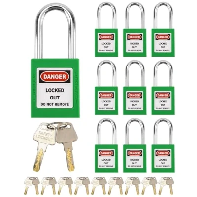 Image of QWORK Lockout Tagout Locks, Safety Padlock, 10 Green Padlocks with 20 Keys, Keyed Different, for Lock Out Tag Stations and Devices