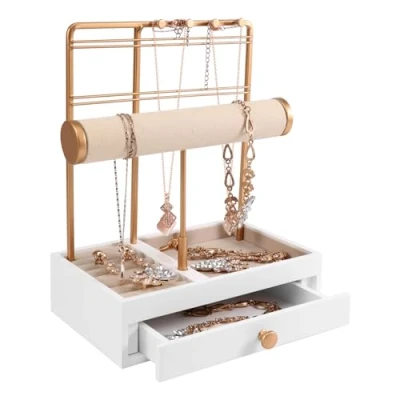 Image of Nvanvmm White Jewellery Organiser with Ring Organiser,Jewellery Display Stand Necklace Holder,Earring Bracelet Holder for Rings Watches, Gifts Women Girl (White)
