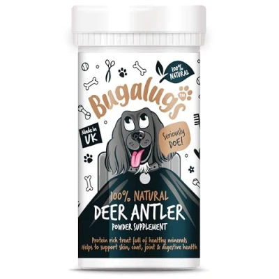 Image of Bugalugs Deer antlers Supplement dog food toppers Powder for Dogs &amp; puppy, high in protein food, fibre, vitamins minerals. 100% Natural reindeer supplements use with licky mat (70g)