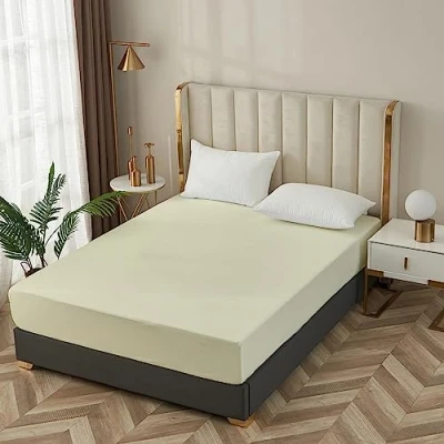 Image of Ray Bedding &amp; Linen 40cm Deep Double Fitted Sheet 100% Egyptian Cotton 400 Thread Count Extra Bed Sheets Super Soft Breathable Hotel Quality (Cream, Double)