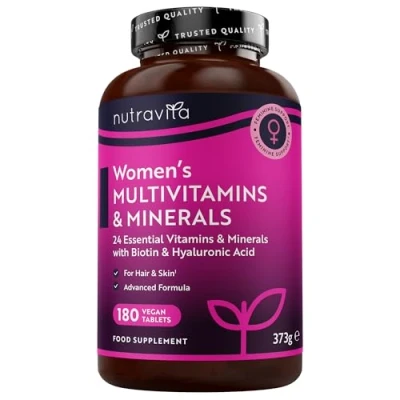 Image of Women&#039;s Multivitamins and Minerals 24 Essential Active Vitamins with Added Hyaluronic Acid 180 Vegan Tablets No Synthetic Fillers or Binders Made in The UK by Nutravita