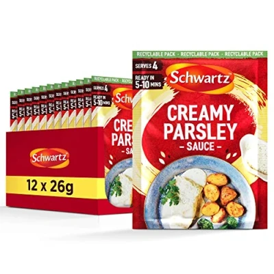 Image of Schwartz Creamy Parsley Sauce Mix 26 G Serves 4 Pack of 12 Rich &amp; Taste Quick and Easy Suitable for Vegetarians No Artificial Colours or Flavourings