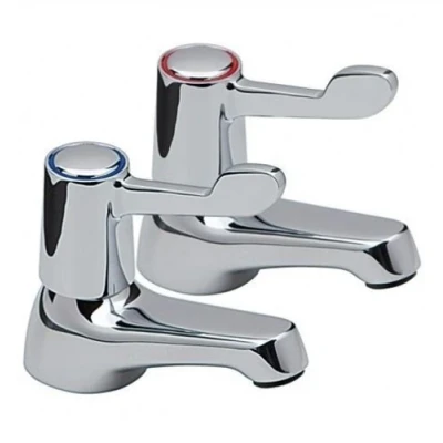Image of The Home Store Lever Basin Sink Pillar Taps Easy Use 1/4 Turn Chrome Pair 1/2&quot; Hot Cold Set Faucet