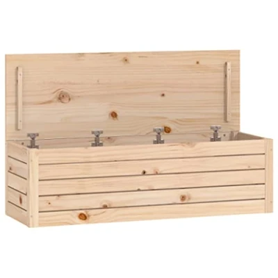 Image of vidaXL Untreated Natural Solid Pinewood Storage Box Modern Rustic Chest Blanket Organiser for Rugs and Cushions Living Room Essential with Secure Lid, 109x36.5x33 cm