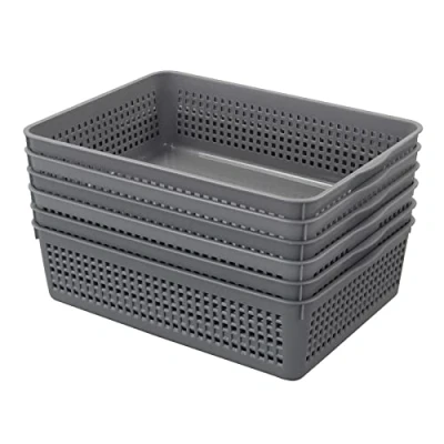 Image of Nesmilers 6 Packs Plastic Storage Tray, Shallow Basket Trays, Grey