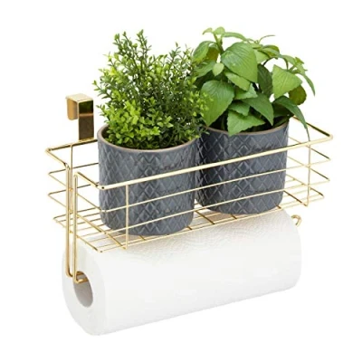 Image of Relaxdays 10031390_259 Hanging Basket, Lattice Storage with Roll Holder or Towel, Kitchen &amp; Bathroom, Metal, HWD: 18x31x17 cm, Gold, Iron