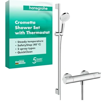 Image of hansgrohe Crometta shower set with thermostat Ecostat 1001 CL, head rail 90cm, holder and hose 1,60m, hand 2 sprays, white/chrome