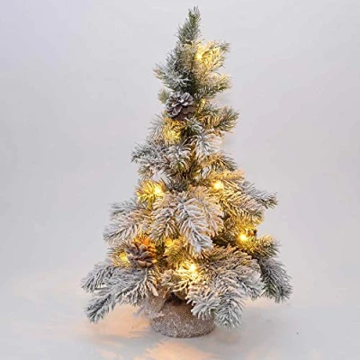 Image of SHATCHI Table Mantel Centrepiece Pre Lit LED Christmas Frosted Tips with Pine Cones Flocked Snow Covered Xmas Tree Burlap Base for Decoration, Green, 50cm