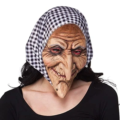 Image of Boland 97508 Old Befana Witch Latex Mask with Hood, Pink, Adult One Size Realistic Costume Accessory for Halloween, Cosplay, and Themed Parties