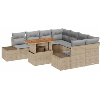 Image of vidaXL 9 Piece Garden Dining Set with Cushions Beige Poly Rattan Acacia