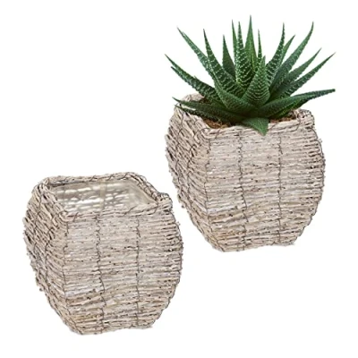 Image of Set of 2 Plant Pots, Rattan, Flower Baskets with Foil, hdw: 20x20x20cm, Indoors Square Planters, White/Natural Relaxdays