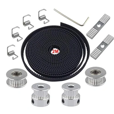 Image of QitinDasen 2m 3D Printer GT2 Timing Belt Kit, 2mm Pitch 6mm Width Rubber Belt, with 2Pcs 5mm 20 Teeth Pulley, Idler, 4Pcs Tensioner Spring Torsion and Gear Clamp Mount Block