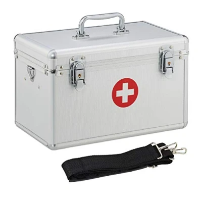 Image of Relaxdays First Aid Case, Aluminium Medic Kit Case with Carry Strap; Empty; Emergency Box; HWD: 19x32x20 cm, Silver