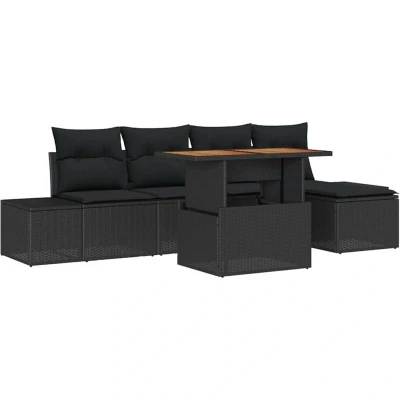 Image of vidaXL 6 Piece Garden Dining Set with Cushions Black Poly Rattan Acacia