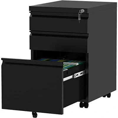 Image of YITAHOME 3 Drawers Lockable File Cabinet for Letter/legal/A4 Size, Home Office Mobile Filing with Wheel, Anti tipping Under Desk Storage Cabinets, Fully Assembled, Black, 46 x 39 62cm
