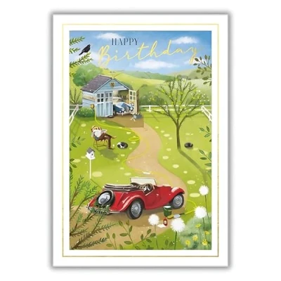 Image of Abacus Cards Male Birthday Card Happy with Classic Cars and Countryside Design a Foil Finish for Men