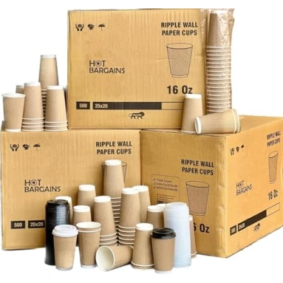 Image of Hot BARGAINS 50 X 16oz Disposable Kraft Paper Cups with Black Lids, Triple Layer for &amp; Cold Drinks, Tea Cups, Coffee Cup Takeaway (16oz)