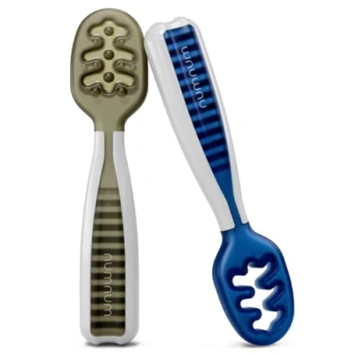 Image of NumNum Baby Spoons Set, Pre Spoon GOOtensils for Kids Aged 6+ Months First Stage, Led Weaning (BLW) Teething Self Feeding, Silicone Toddler Food Utensils 2 Spoons, Olive/Newbury Navy
