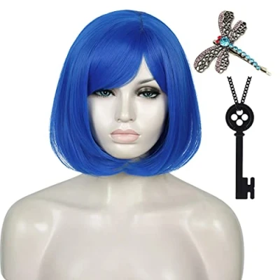 Image of Short Blue Wig for Women, ATAYOU Straight Bob with Dragonfly Hairpin and Black Button Key Necklace Coraline Halloween Cosplay costume