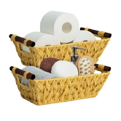 Image of Wicker Storage Baskets for Shelves, Pack of 2 Handwoven with Handles Waterproof Organising Small (Natural)