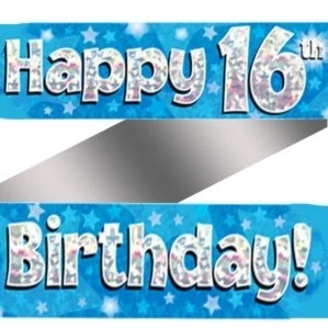 Image of 9ft Blue &amp; Silver Stars Holographic Happy 16th Birthday Banner (2.7m length)