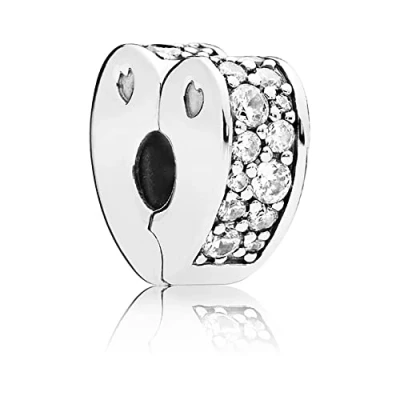 Image of CWOne Designs Sterling Silver Bracelet Clip Charms Ideal for Pandora Charm Bracelets and Necklaces (Clear Heart Pave)