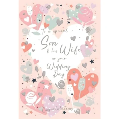 Image of Son and His Wife Wedding Day Congratulations Card Love Hearts Stars Design Special Finishes Illustrated Insert Leaf Made in the UK Eco Friendly