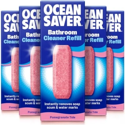 Image of OceanSaver Eco Multi Surface Bathroom Cleaner 5x 10ml Refills Powerful Just Add Water Toilet, Sink &amp; Shower Watermark Cleaning Spray Plant Based, Plastic Cruelty Free Pomegranate Scent