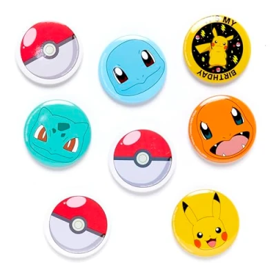 Image of Amscan 9917114 Pokémon Kids Birthday Party Badges with Backing Card 8 Pack
