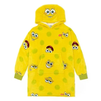 Image of SPONGEBOB SQUAREPANTS Kids Wearable Blanket Boys &amp; Girls Sponge Bob All Over Print Fleece Hoodie Yellow Cosy Heavyweight Snuggle Hooded Pullover Cartoon TV Series Loungewear Gift for Children