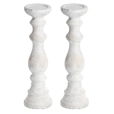 Image of 2 Pack White Wash Stone Textured Vintage Column Candle Holder 40cm Height New Home Gift Birthday Present