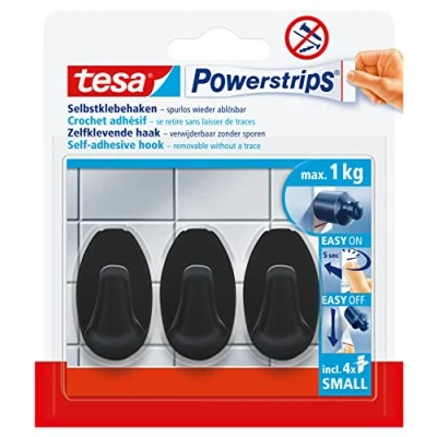 Image of tesa Powerstrips Self Adhesive Hooks 3 x Small Oval Shaped for Tiles, Glass, Plastic and Other Surfaces Strong Hold, Up to 1kg Black