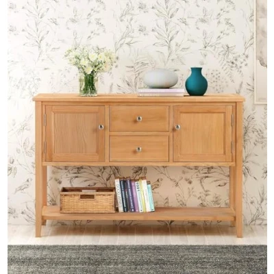 Image of Hallowood Furniture Windsor Large Console Table in Natural Oak, Solid Wood Hall with 2 Drawers &amp; Shelf, Oak Table, Living Room Hallway