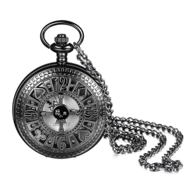 Image of JewelryWe Steampunk Poker Pocket Watch: Men Women Vintage Round Analog Quartz Watch Classic Pendant Necklace with Chain for Christmas