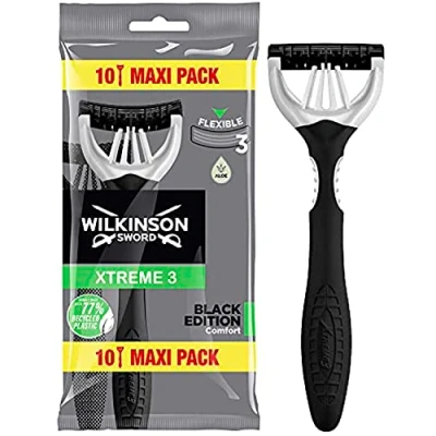 Image of Wilkinson Sword Xtreme 3 Black Edition Pack of 10 Disposable Razors Blades with Flexible Head Comfort Technology Total Shave Protection
