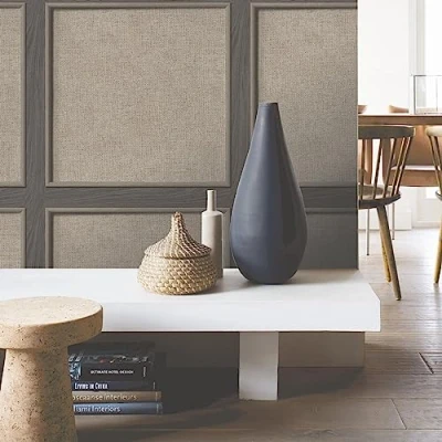 Image of SOPHIE LAURENCE Walnut Oak Panelled Wallpaper 3D Smooth Weave Wood Grain Effect Stylish, Washable, Strippable Paste The Paper Feature (Beige, Full Roll)