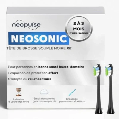 Image of NEOPULSE® Pack of 2 Black Nylon Soft Brush Head Refills for NEOSONIC® Sonic Electric Toothbrush NEOKIDS® Compatible 3D: Short and Long Strands Wear Indicator