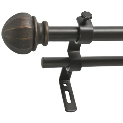 Image of Decopolitan Facet Ball 5/8&quot; Double Curtain Rod Set, 26 to 48 Inches, Vintage Bronze