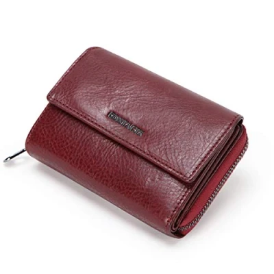 Image of Contacts Genuine Short Wallet Leather Lady Zipper Coin Pocket Card Clutch Trifold Purse for Women Red