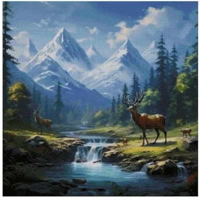 Image of Deer in Spring14ct Cotton Counted Cross Stitch Kits, 100% Cotton, 14 Count 300x300 Stitch,54x54cm and Landscape kit