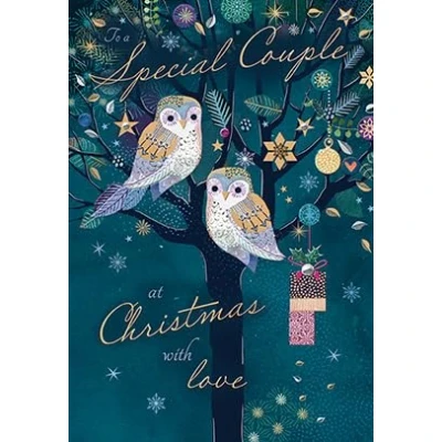 Image of Noel Tatt Special Couple Christmas Card Owls in a Festive Tree Embossed with Foil Details Eco Friendly and Recyclable