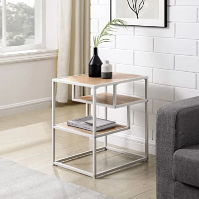 Image of URBNLIVING 3 Tier Metal &amp; Wood Side End Table Nightstand Furniture Living Room Bedroom Unit (White Frame Coastal Oak Wood)