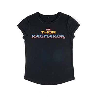 Image of Marvel Women&#039;s Thor Ragnarok Logo Rolled Sleeve T Shirt, Black, Large