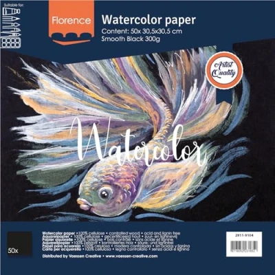 Image of Vaessen Creative Florence Hot Pressed Watercolour Paper 30,5 x cm, Black, 300 GSM, Smooth Surface, Artist Grade Quality, 50 Sheets for Painting, Hand Lettering, Art Projects, 30.5 cm