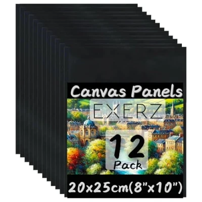 Image of Exerz Black Canvas Panels 20x25cm,12pcs Artist Board 100% Cotton 280gsm 3mm Thinkness, Blank/Triple Primed/Acid Free/Medium Grain, Oil &amp; Acrylic