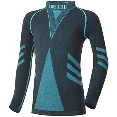 Image of Ladeheid Unisex Girl&#039;s Boy&#039;s Functional Underwear Shirt Long Sleeve Thermoaktiv LAGI007 (Black/Turquoise, 146 152)