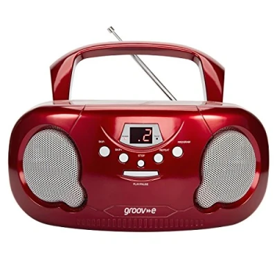 Image of groov e Orginal Boombox Portable CD Player with Radio, 3.5mm Aux Port, &amp; Headphone Socket LED Display, 2 x 1.2W Speakers Battery or Mains Powered Red