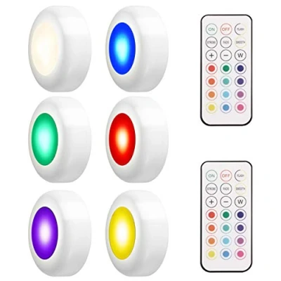 Image of LEDGLE Puck Lights Wireless Cabinet Night Light Remote Control, 6 Pack Portable RGB+W Dimmable Magnet Stick on Closet Light, Battery Powered Stair Wall for Wardrobe Counter Kitchen Hallway
