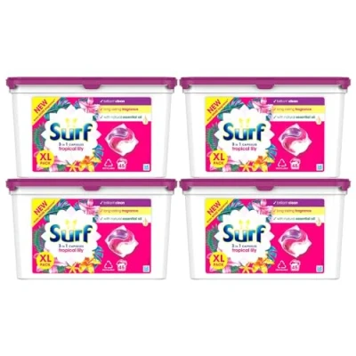 Image of Surf 3 in 1 Tropical Lily Washing Detergent Capsules Brilliant Clean Long Lasting Fragrance and Made with Natural Essential Oil Laundry XL Pack, 45 Washes (Buy 4)